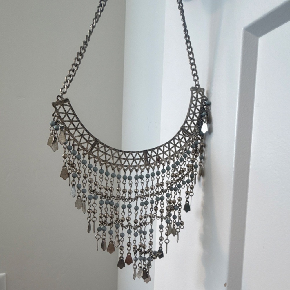 Middle Eastern Ethnic Fringe Statement Necklace Silver Tone Metal Charms Beads